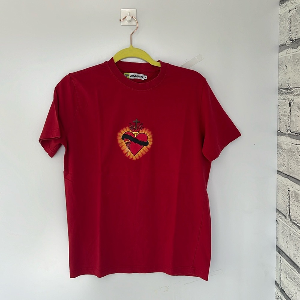 Elan red baby tee in size medium with heart on fire detail